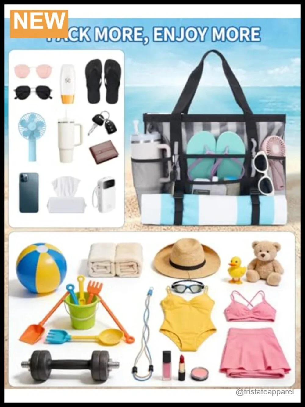 Mesh Beach Bag with 40oz Tumbler Pockets, Wet Pocket, Sandproof, Large Tote for